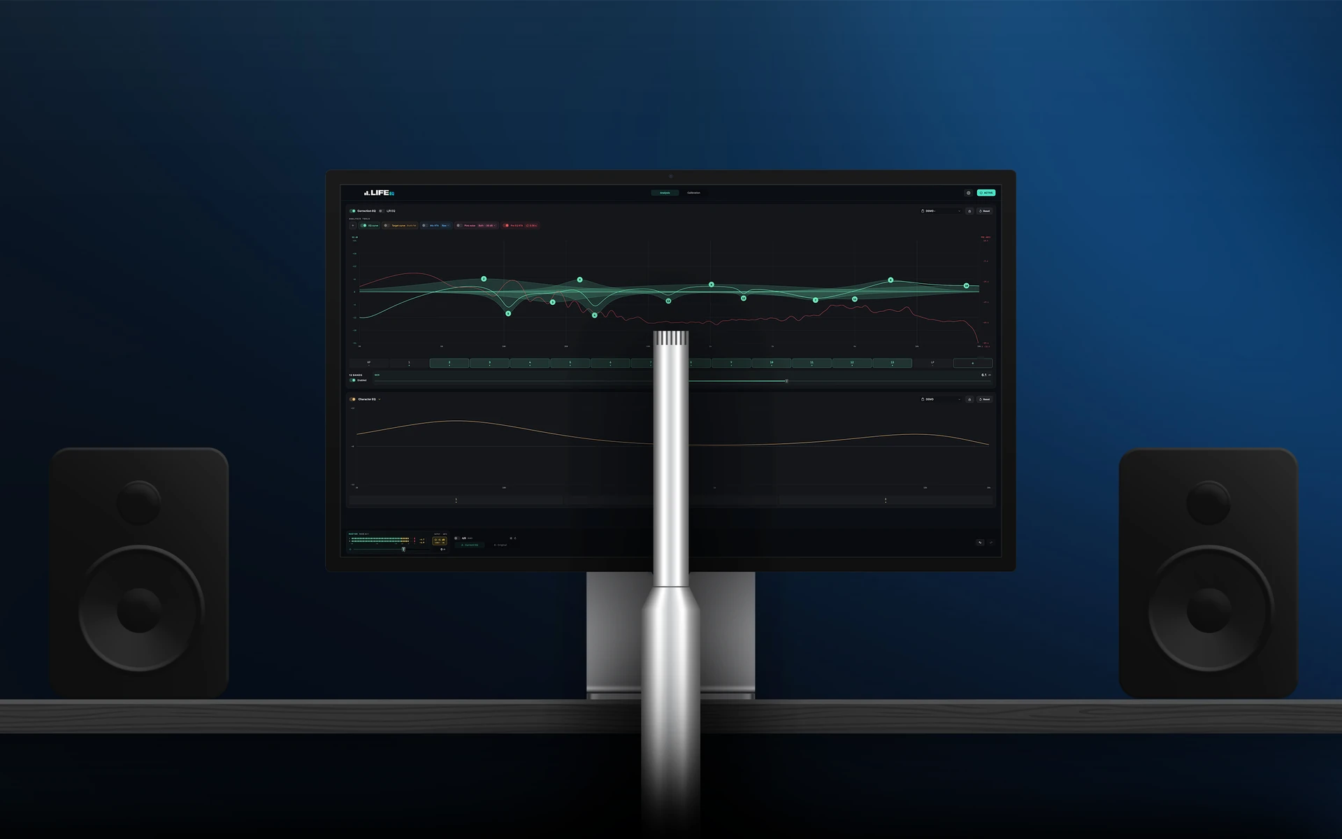 A measurement microphone positioned between two speakers, with Life EQ’s analysis workspace on the display behind it.