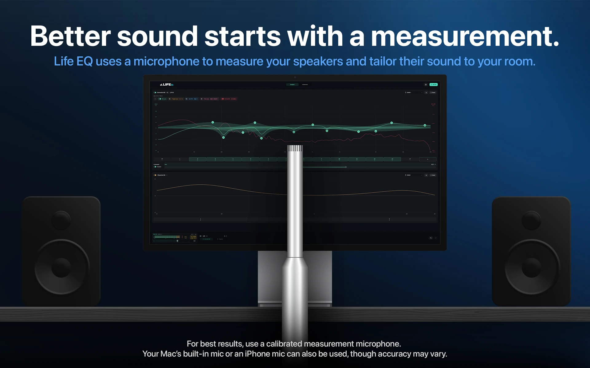 A measurement microphone in front of a Mac and two speakers, ready for Life EQ speaker calibration.